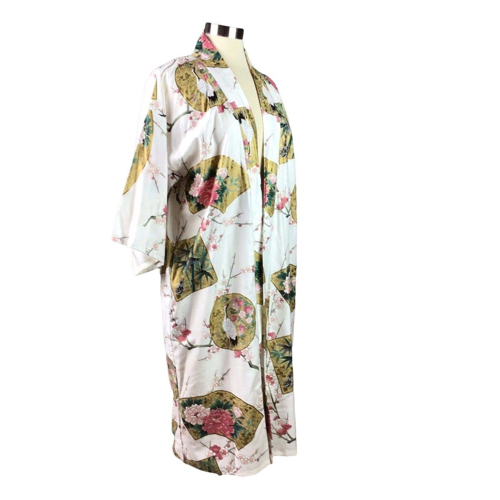 Japanese Robe Kimono Cotton Cherry Blossom Gold Fan Birds Pockets Japan